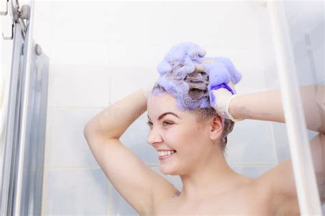 Funny Woman With Toner Shampoo On Her Hair Stock Photo Image Of Washing Naked