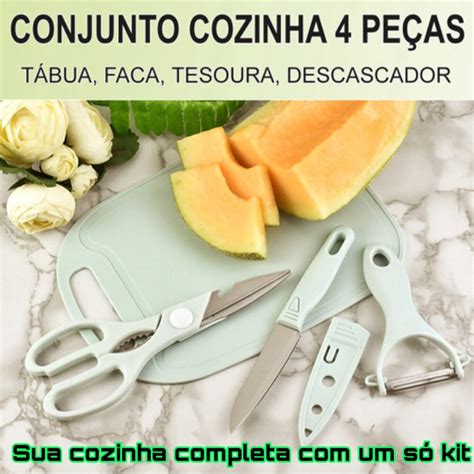 Kit Completo para Cozinha Tesoura Culinária Faca Tábua de Corte e