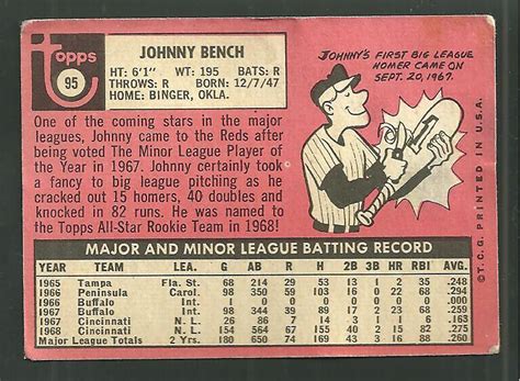 1969 Topps 95 Johnny Bench All Star Rookie Baseball Card MLB