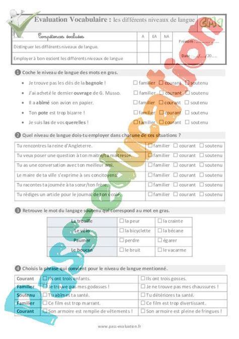 Les Diff Rents Niveaux De Langue Au Cm Evaluation Qcm Quiz Pdf