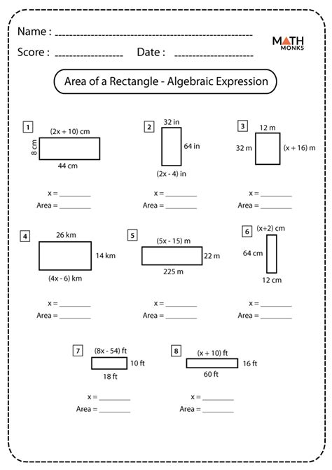 Area of a Rectangle Algebraic Expression Worksheets - Math Monks