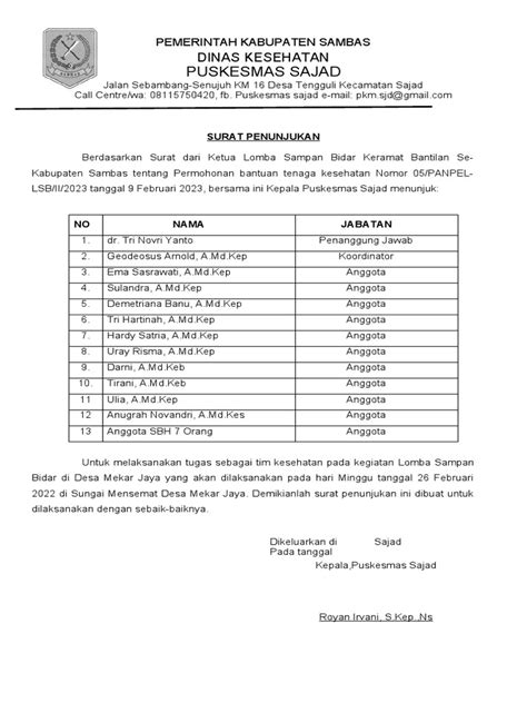 Surat Penunjukan Tim Kes Lomba Sampan Pdf
