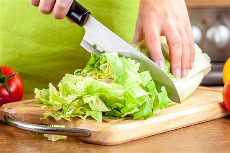 Woman Rsquos Hands Cutting Lettuce Background Close Up People Fresh