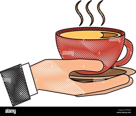 Hand Holding Hot Coffee Cup On Dish Vector Illustration Drawing Stock