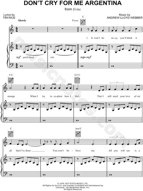 Madonna Dont Cry For Me Argentina Sheet Music In C Major