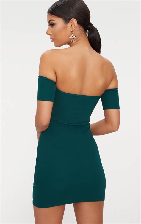 Emerald Green Bardot Wrap Front Bodycon Dress Prettylittlething