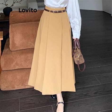 Lovito Casual Saia Feminina Lisa Plissada Lne C Qui Shopee Brasil