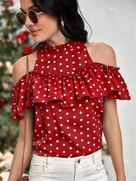 Burgundy Boho Short Sleeve Polyester Polka Dot Top Non Stretch Summer