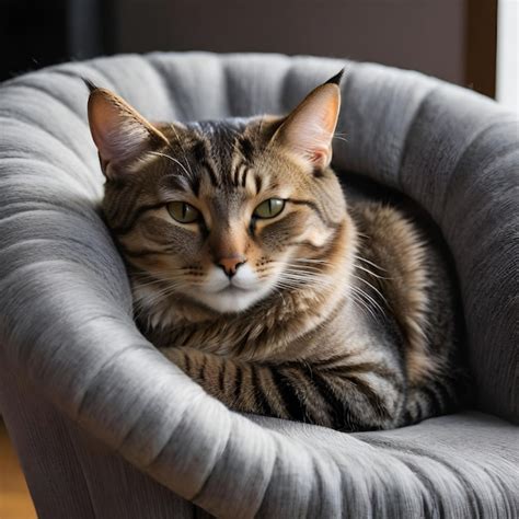 Premium Photo A Tabby Cat Curled Up In A Cozy Armchair Purring