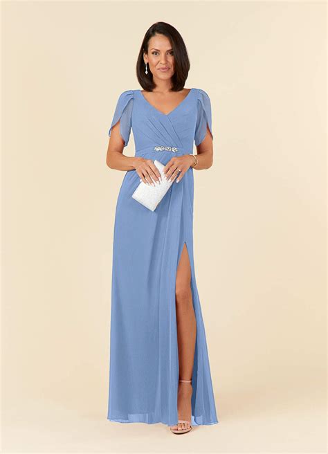 Azazie Marianne Steel Blue Sheath V Neck Pleated Chiffon Dress Azazie