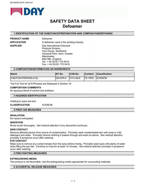 safety data sheet defoamer offset supplies