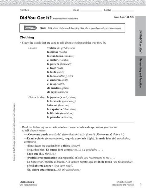 Unidad Leccion Vocabulario B Answer Key San Marino High School