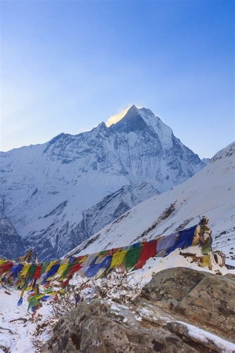 Prayer Flags And Annapurna Snow Mountain Of Himalaya Nepal Stock Image