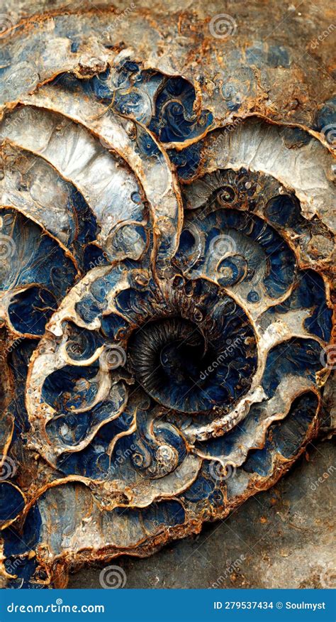 Fossilized Ammonite Sea Shell Spirals Embedded Into Dark Cobalt Blue