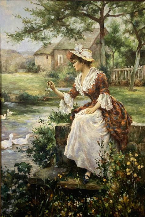 Lot Lady Duck Feeding Oil On Canvas