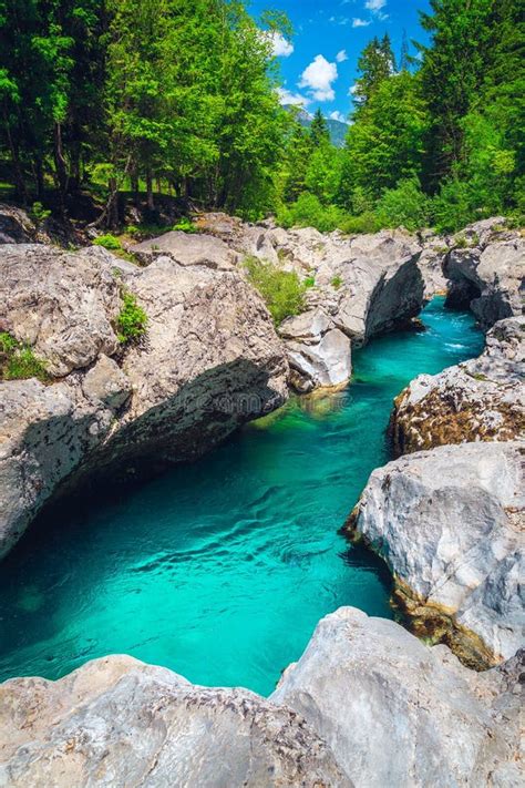 Beautiful Soca River In The Narrow Rocky Canyon Bovec Slovenia Stock