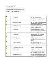 Pharm Unit 1 Quiz Version 9 STUDENT COPY SU0512 Doc PHARMACOLOGY UNIT