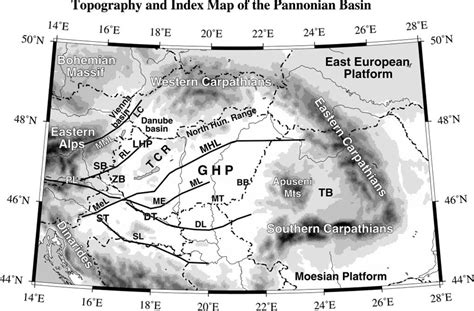 Map showing the Pannonian basin and its surrounding regions. The thick ...