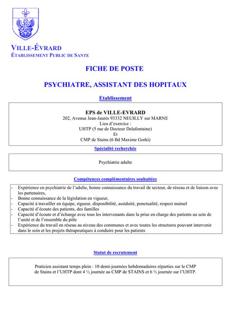 Fiche De Poste Psychiatre Assistant Des Hopitaux Ville