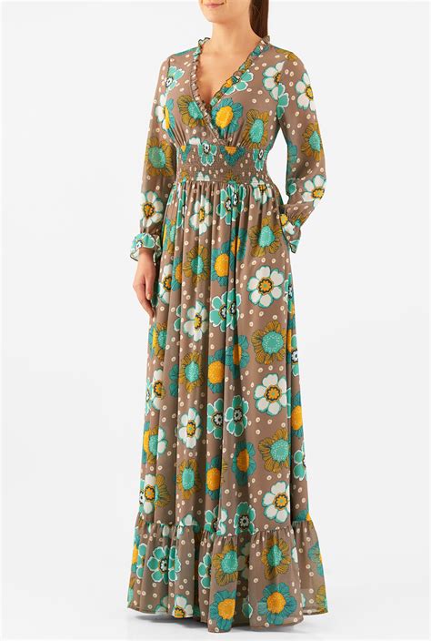 Shop Floral Print Georgette Smocked Waist Maxi Dress Eshakti