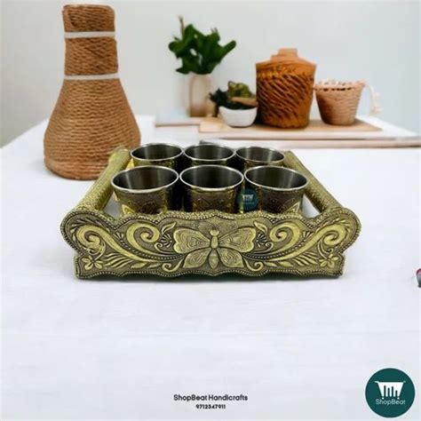 Serving Tray Glass Sets Shopbeat Golden Oxidised Butterfly Wooden