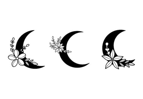 Colección Luna En Blanco Y Negro Con Ilustraciones De Flores Vector