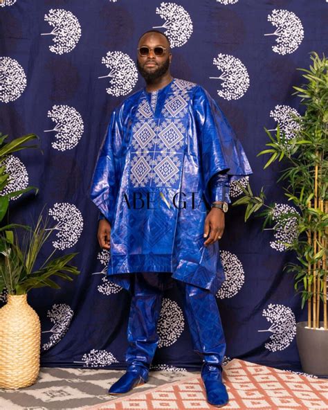 Bazin Homme Pi Ces Bleu Mansa Kaftan Abengta