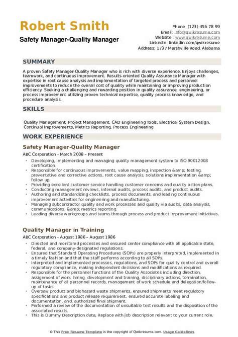 Quality Manager Resume Sample Pdf Free Samples Examples Format