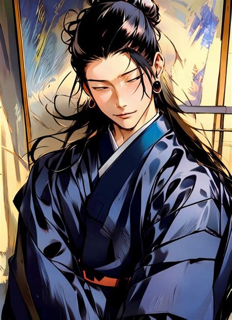 An Anime Character With Long Black Hair Wearing A Blue Kimono And