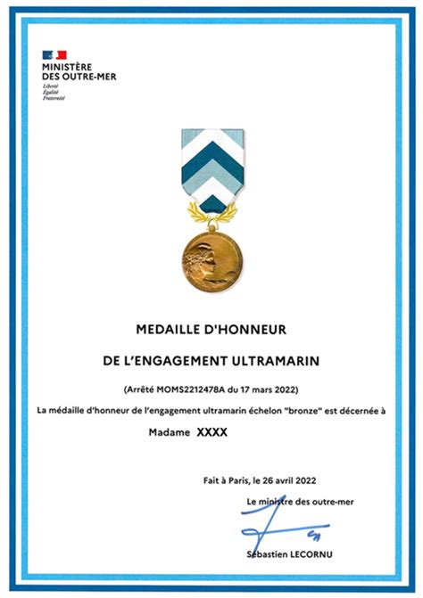 Médaille d honneur de l engagement ultramarin Diplôme