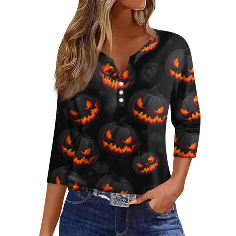 Halloween Shirts For Women Trendy Pumpkin Bats Graphic Blouse 3 4