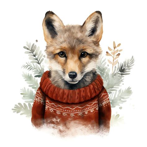 Cute Woodland Red Wolf In Winter Sweater Watercolor Style For Kids