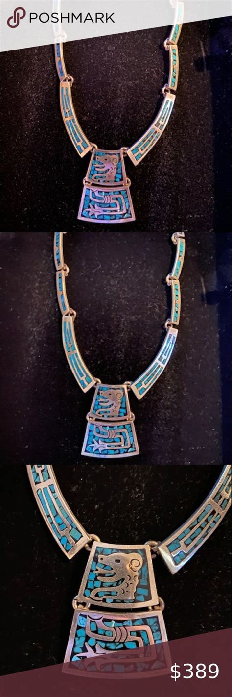 Vintage Mexican Turquoise Inlay Necklace Mayan Aztec Coatl Snake God