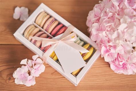 Dessert French Macarons In Present Box Sweet Dessert On A Flowers