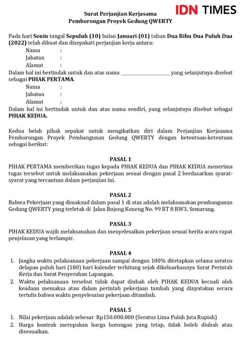 Contoh Surat Perjanjian Kerjasama Proyek Pengadaan Surat Permohonan