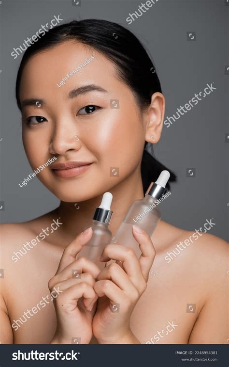 Pleased Asian Woman Naked Shoulders Holding Stock Photo 2248954381