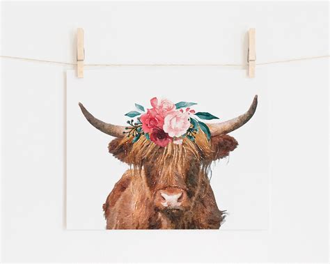 Highland Cow Print Floral Cow Wall Art Boho Bedroom Decor Etsy