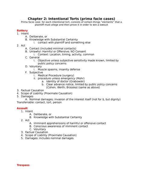 Torts Outline Chapter 2 Intentional Torts Prima Facie Cases Prima