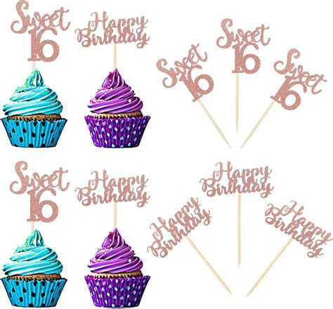 Amazon Sumerk Rose Gold Glitter Sweet 16 Cupcake Toppers With