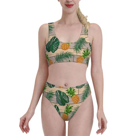 Adobk Pineapples Palm Leaves Print Women High Waisted Bikini Set Sports