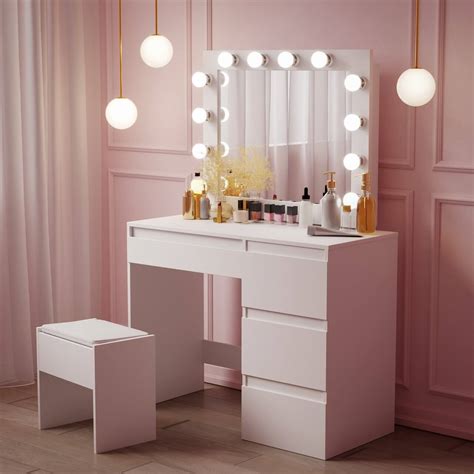 Illuminating Beauty The Allure Of A White Makeup Vanity Table With Lights Stylish Makeup