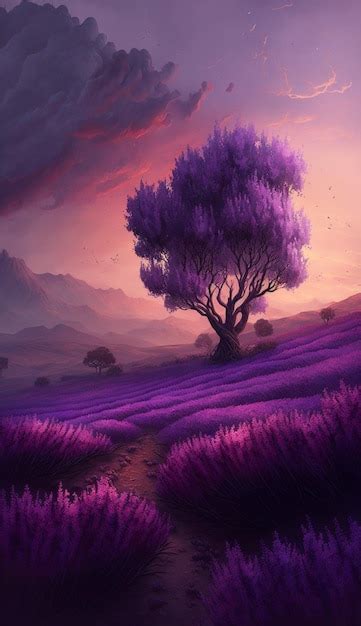 Un Paisaje Morado Con Un Rbol Y Monta As Al Fondo Foto Premium