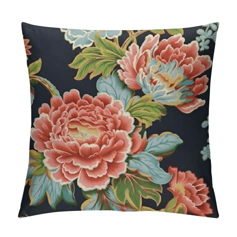 Jeuxus Chinoiserie Peony Navy Pink Green Floral Leaf Pattern Square