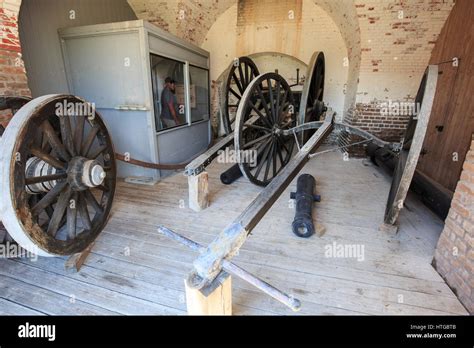 Various cannon equipment on display at Fort Pulaski National Monument ...