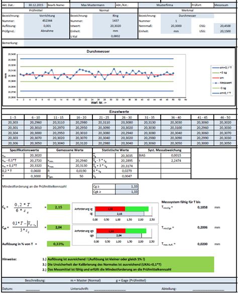 MSA Messsystemanalyse Messmittelfähigkeit kostenlose Excel Vorlage