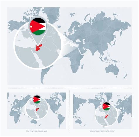 Vergrößertes Jordanien über der Weltkarte 3 Versionen der Weltkarte