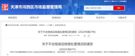 天津市河西区市场监管局关于不合格食品核查处置情况的通告（2022年第67号） 中国质量新闻网