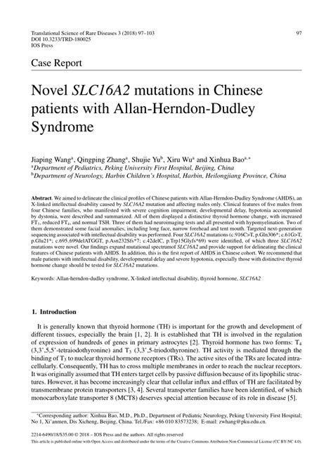 PDF Novel SLC16A2 Mutations In Chinese Patients With Allan Herndon