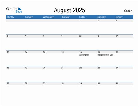 Editable August 2025 Calendar with Gabon Holidays