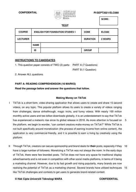 Elc Midterm Test Aug Dec Question Paper Test Instructions